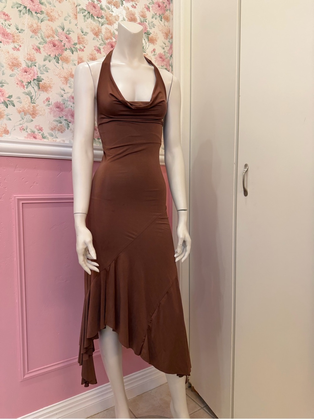 Fits like small Halter Cowl Neck Brown Midi Dress